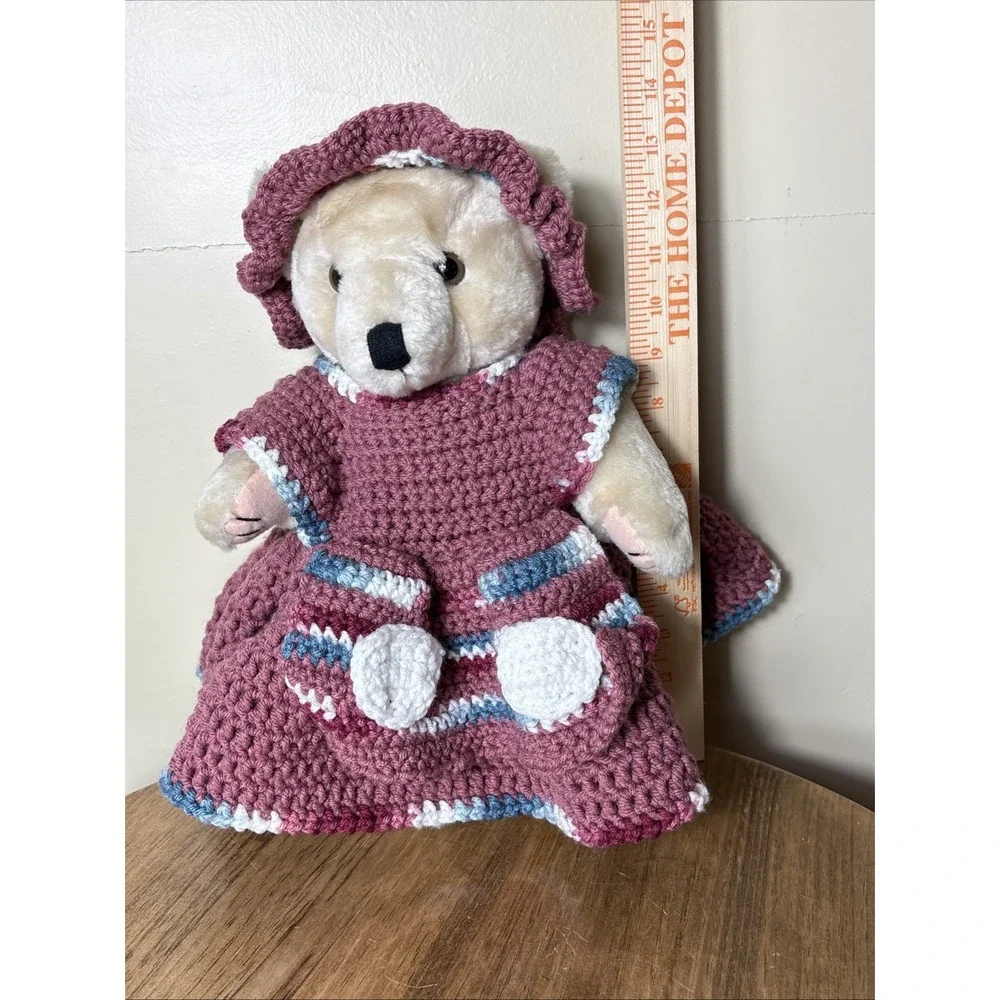 Bear In Handmade Crochet Dress W/ Hat Bear Has Movable Arms & Legs